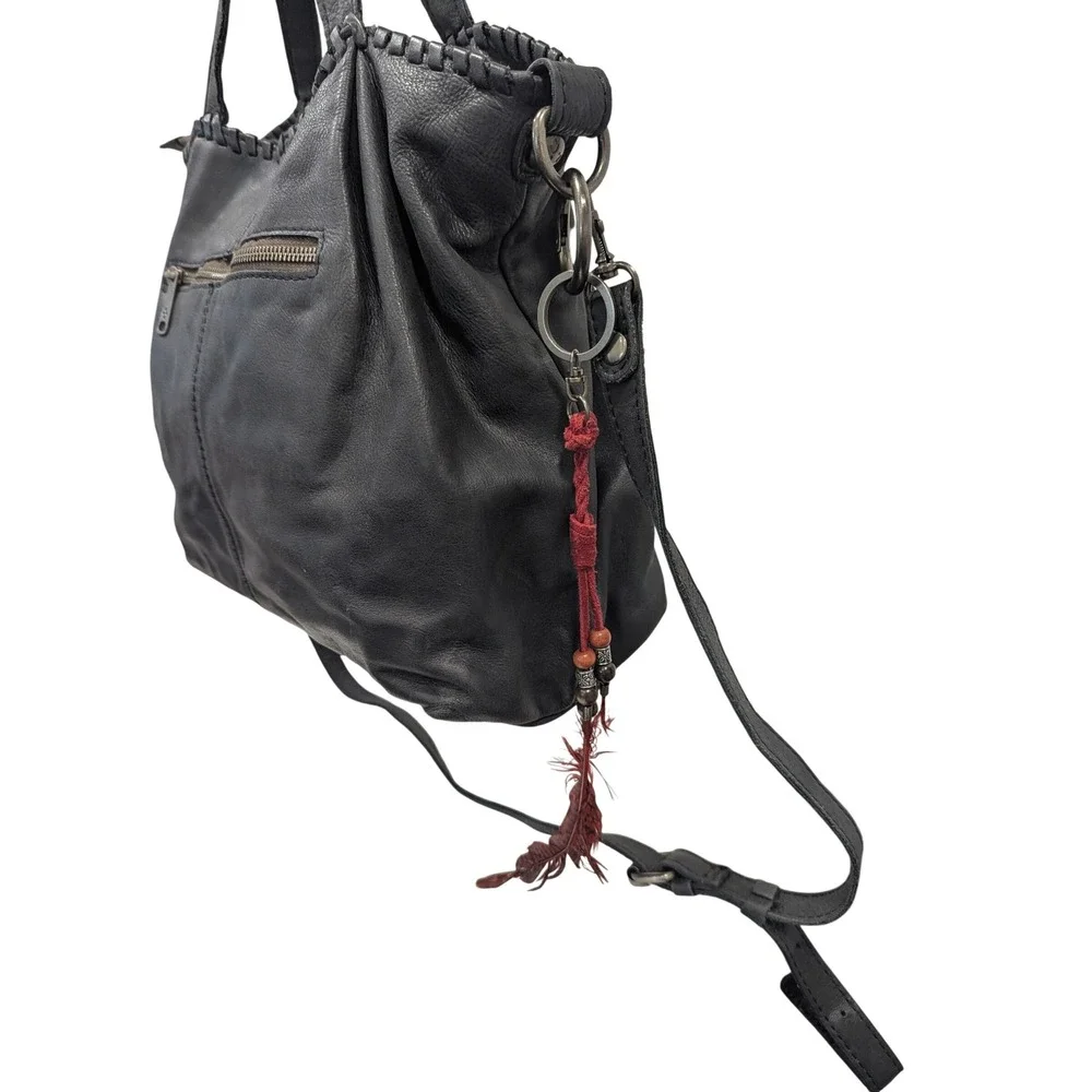 Patricia Nash Black Leather Whipstitch Satchel Crossbody Bag with Feather Charm